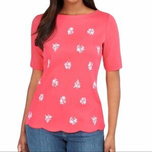 Women's Karen Scott Floral Scalloped Hem Top Coral Small Scoop‎ Neck Tee Pink